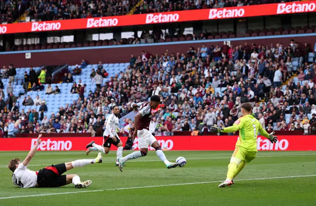 Ollie Watkins of Aston Villa misses a chance