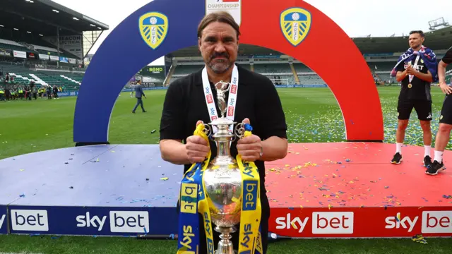 Leeds manager Daniel Farke with the Championship trophy