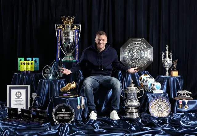 Jamie Vardy celebrating with medals