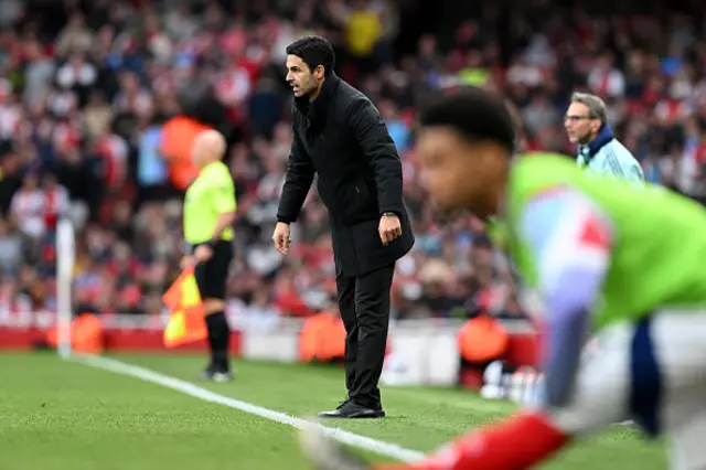 Mikel Arteta, Manager of Arsenal, looks on