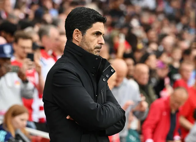 Mikel Arteta, Manager of Arsenal, looks on