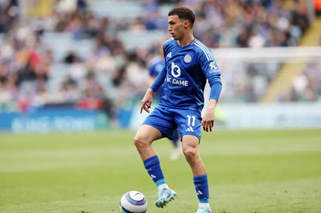 Bilal El Khannouss of Leicester City on the ball
