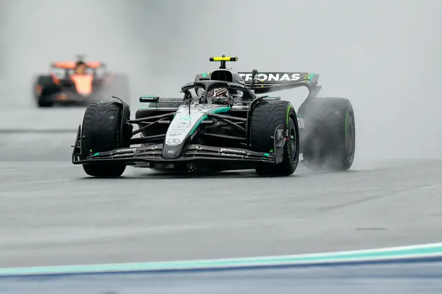 Mercedes' Kimi Antonelli drives around the Miami circuit in very wet conditions before the sprint race