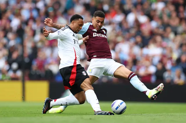 Morgan Rogers of Aston Villa challenges Kenny Tete