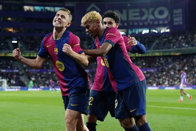 Fermin Lopez celebrates with his Barcelona team-mates