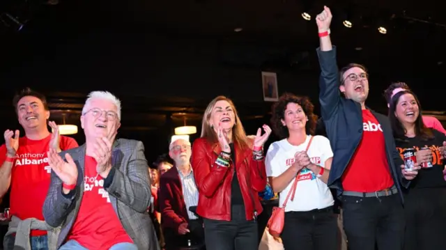 Labor supporters react to early election results flowing in at the Labor Election Night function at Canterbury-Hurlstone Park RSL Club on Election Day of the 2025 federal election in Sydney, Australia, 03 May 2025.