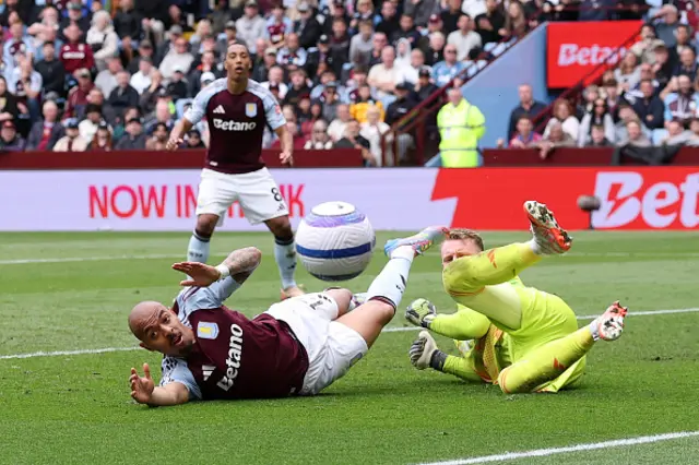 Donyell Malen of Aston Villa is challenged by Bernd Leno
