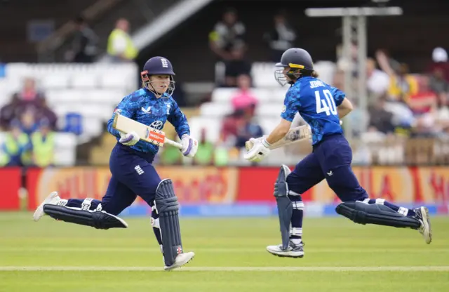 England's Tammy Beaumont (left) and Amy Jones running during the first Women's One Day International match at the County Ground, Derby