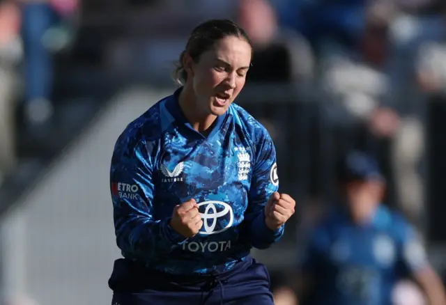 England's Alice Capsey celebrates after bowling out West Indies' Qiana Joseph