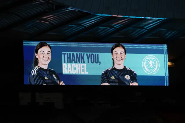 Screens thanking Rachel Corsie at Hampden