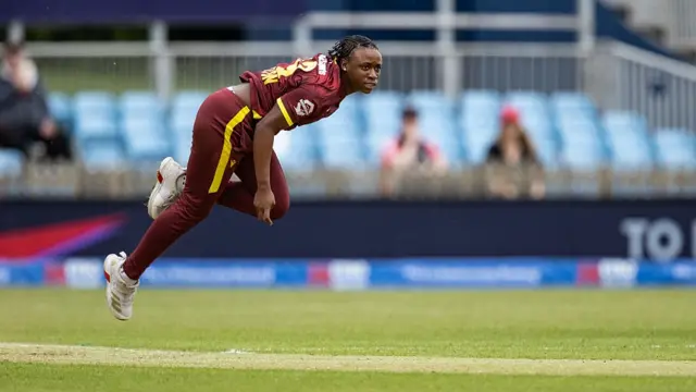 Jahzara Claxton of West Indies in delivery stride