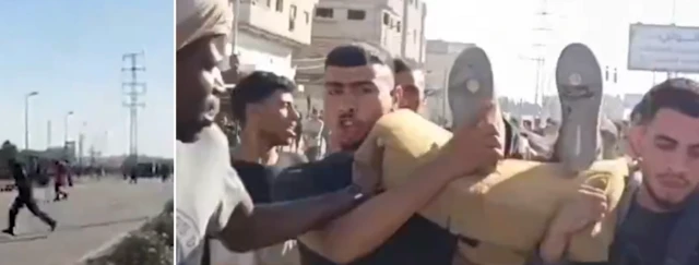 A composite image of two screengrabs. In the first, people can be seen running towards the camera on a road in Gaza. In the second men can be seen carrying what looks to be an injured man. All you can see of him are his feet as they are carried on the shoulders of two men.