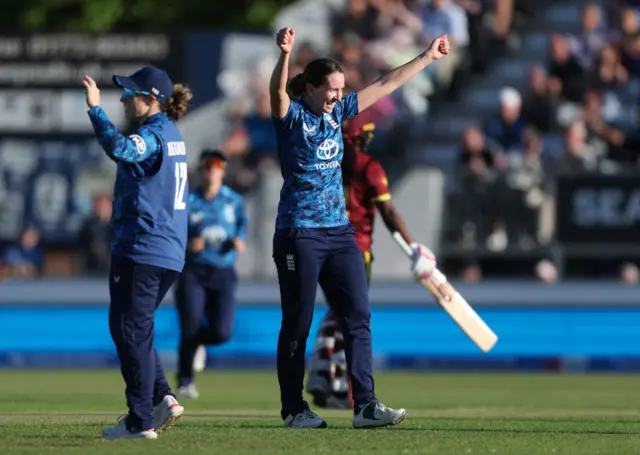 England's Kate Cross celebrates after the wicket of West Indies' Shabika Gajnabi