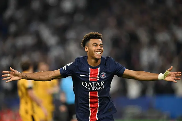 Paris Saint-Germain's French midfielder #14 Desire Doue celebrates