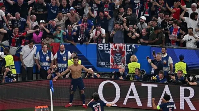 Paris Saint-Germain's French midfielder #14 Desire Doue (bottom L) celebrates