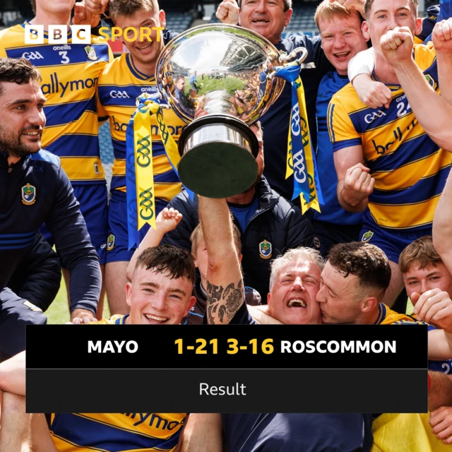 Kevin Sammon celebrates with the Nicky Rackard Cup with Eoin Ftzgerald and his team