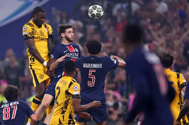 Marcus Thuram of Inter Milan misses with a headed effort