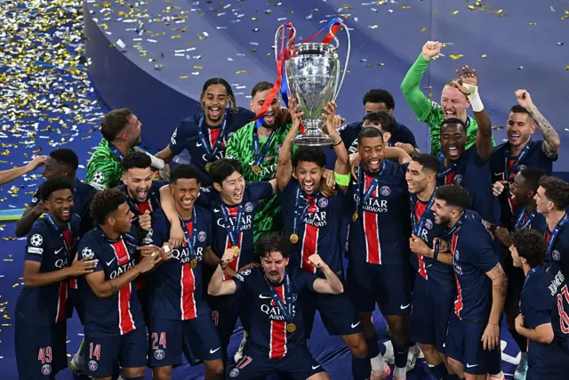 PSG lift the Champions League trophy