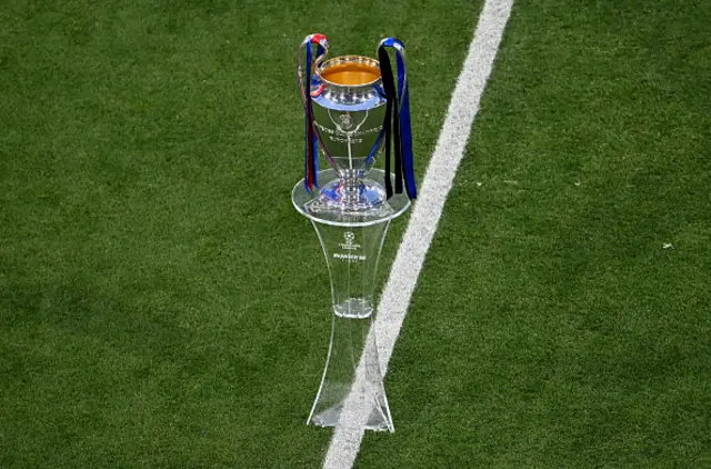 A general view as the UEFA Champions League trophy is displayed on the plinth