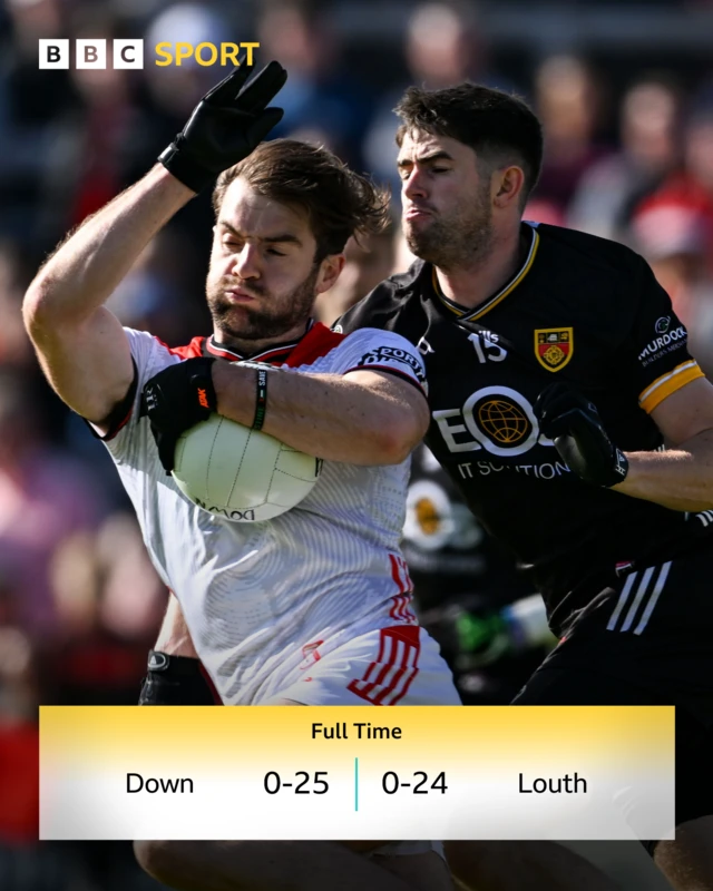 Down and Louth players tussle for the ball