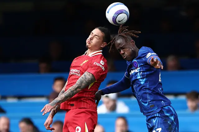 Darwin Nunez (L) vies with Chelsea's English defender Trevoh Chalobah
