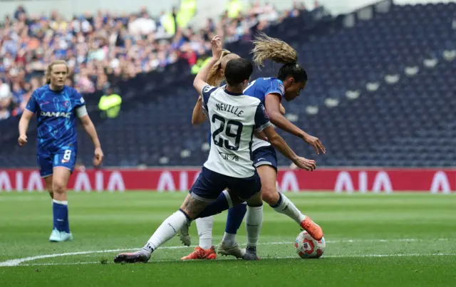 Chelsea's Catarina Macario is fouled by Tottenham Hotspur's Ashleigh Neville to win a penalty