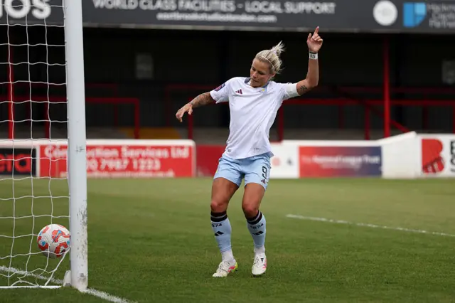Rachel Daly of Aston Villa celebrates scoring her team's second goal during the Barclays Women's Super League match between West Ham United and Aston Villa at Chigwell Construction Stadium