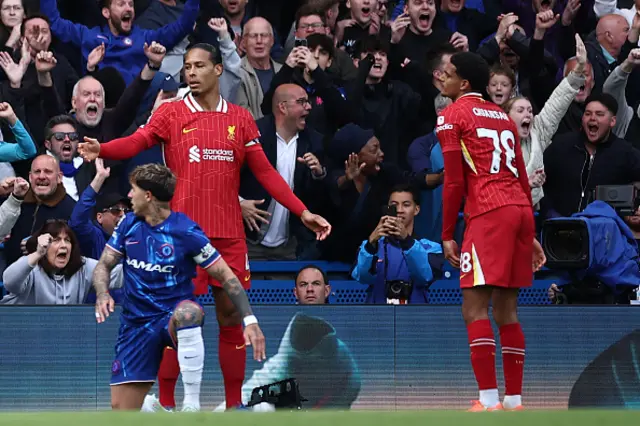 Jarell Quansah (R) reacts after a clearance from Liverpool's Dutch defender Virgil van Dijk