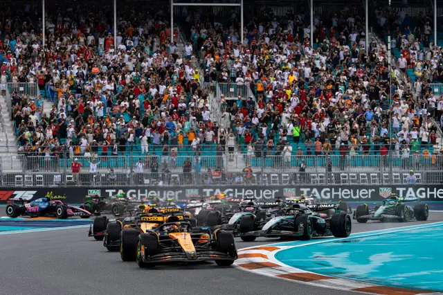 The start of the Miami sprint race, with Oscar Piastri leading the rest of the field