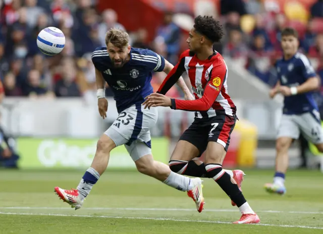 Luke Shaw nearly heads the ball beyond his own goalkeeper