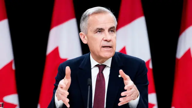 Canadian PM Mark Carney wears a suit and speaks, with Canadian flags in the background.