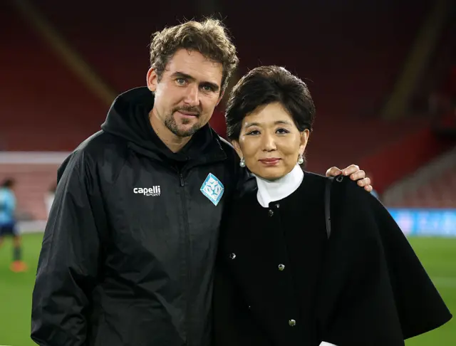 Businesswoman and owner of London City Lionesses, Michele Kang poses for a picture with Jocelyn Precheur, Manager of London City Lionesses