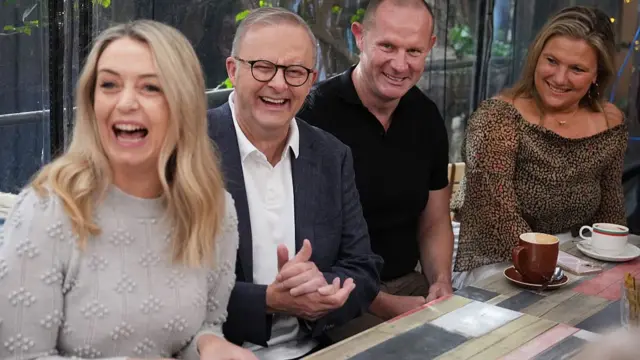 Anthony Albanese and his partner Jodie Haydon at a Sydney cafe on 4 May 2025