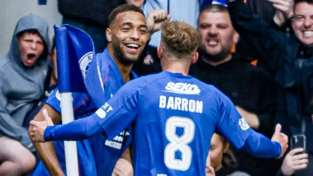 Rangers' Cyriel Dessers celebrates with Connor Barron