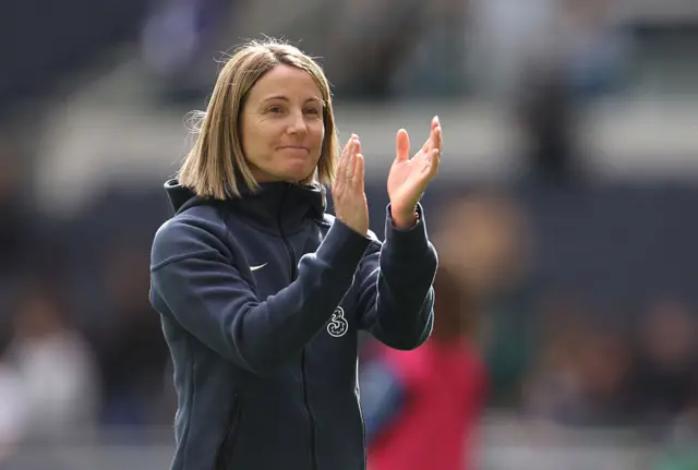 Sonia Bompastor, Manager of Chelsea, applauds the fans following the Barclays Women's Super League match between Tottenham Hotspur and Chelsea at Tottenham Hotspur Stadium on May 04, 2025 in London, England. (