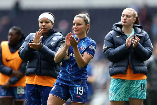 Johanna Rytting Kaneryd of Chelsea applauds the fans following the Barclays Women's Super League match between Tottenham Hotspur and Chelsea at Tottenham Hotspur Stadium on May 04, 2025 in London, England.