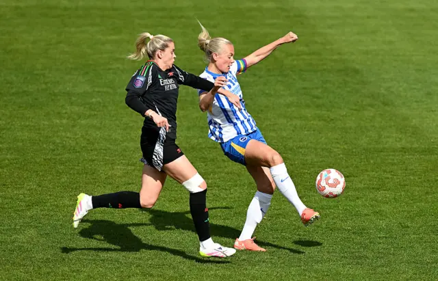 Guro Bergsvand of Brighton & Hove Albion controls the ball whilst under pressure from Alessia Russo