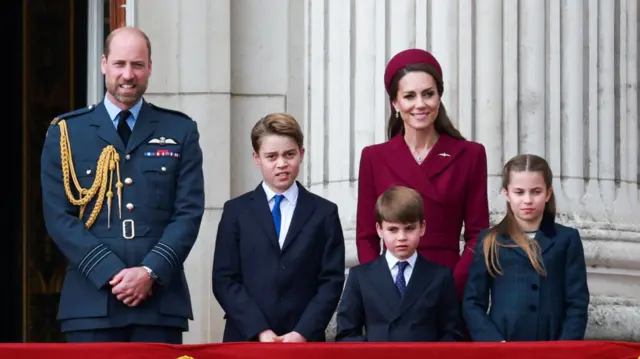 Prince William and Catherine standing with Prince George, Prince Louis and Princess Charlotte on balcony