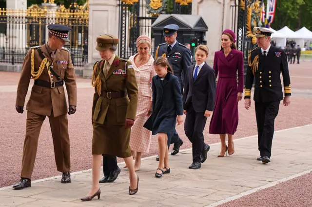 (from front) The Duke of Edinburgh, the Princess Royal, Prince Louis, the Duchess of Edinburgh, Princess Charlotte, Prince George, the Prince of Wales, the Princess of Wales and Vice Admiral Sir Tim Laurence return to Buckingham Palace