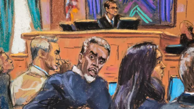A sketch of Diddy in court surrounded by lawyers with the judge in the background