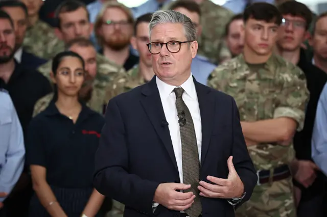 Prime Minister Keir Starmer speaks to members of staff during a visit to Leonardo, one of the biggest suppliers of defence and security equipment to the UK Ministry of Defence