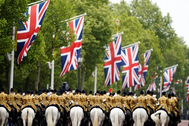 Lines of horses and calvary walk towards Parliament Square