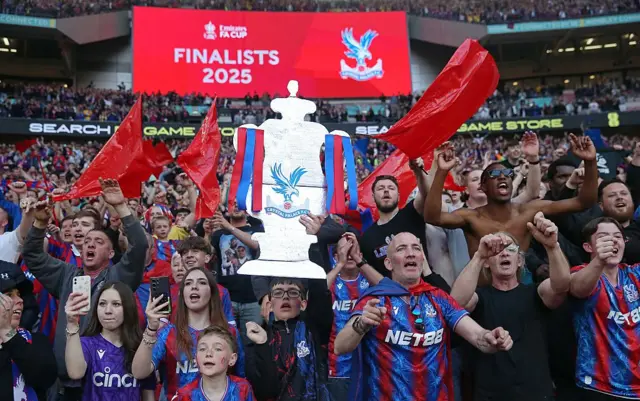Crystal Palace fans holding up FA Cup cardboard trophy