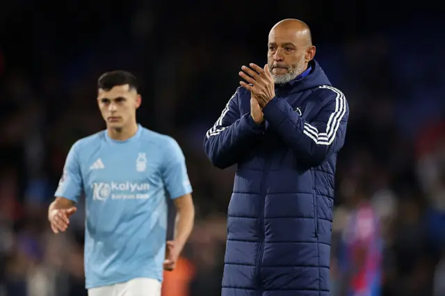 Nuno Espirito Santo, Manager of Nottingham Forest, acknowledges the fans