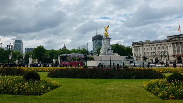 View of Queen Victoria memorial from Buckingham Palace gardens