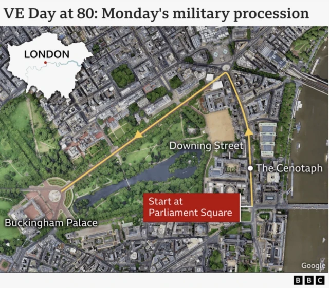 A map which shows the procession route from Parliament Square to Buckingham Palace