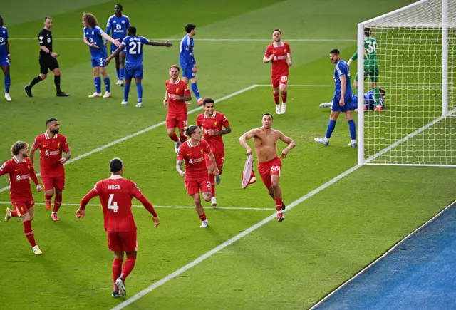 Trent Alexander-Arnold celebrates scoring against Leicester City