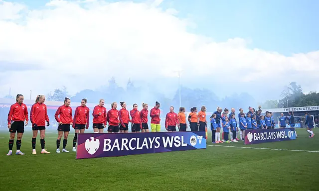 A general view of the inside of the stadium as players of Arsenal and Brighton & Hove Albion line up prior to the Barclays Women's Super League match between Brighton & Hove Albion FC and Arsenal FC at Broadfield Stadium