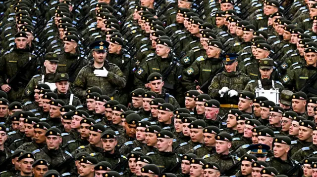 Russian soldiers train for VE Day celebrations