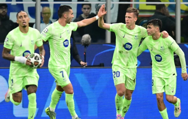 Dani Olmo scores their second goal with Raphinha, Ferran Torres and Pedri